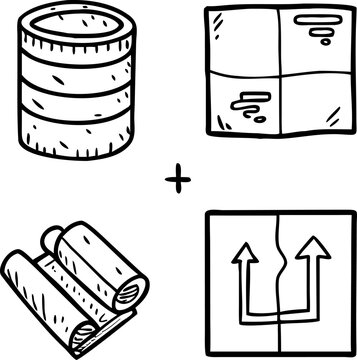 Stack of coins and rolled documents with plus sign and directional arrows