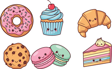 Cute dessert vector set, cartoon, stickers, kawaii, food, bakery, sweets, donut, cupcake, croissant, cookie, macarons, cake, characters