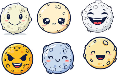 Cute round moon face cartoon set, happy and emotional moon characters, kawaii planet faces vector, colorful lunar expressions for kids clipart