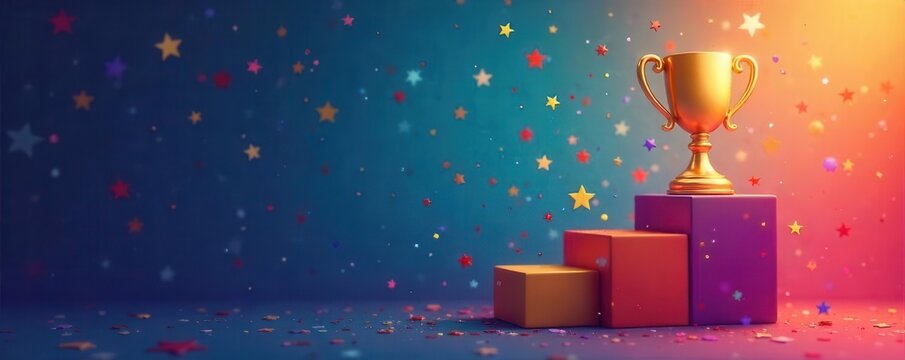 A vibrant achievement graphic with stars, confetti, and a trophy on a pedestal, symbolizing success, recognition, and reaching goals , congratulations, pedestal
