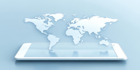 A digital tablet has a world map floating above its screen. Technology and global connectivity