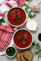 Ukrainian borscht with sour cream in bowls. top  view. .style hugge