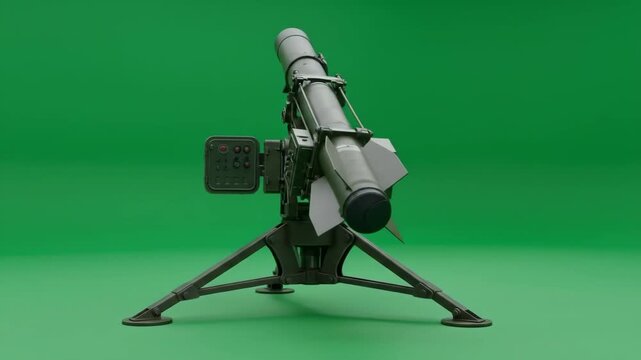 Anti-Tank Missile on Tripod Launcher - Green Screen - A close-up shot of an anti-tank guided missile mounted on a tripod launcher.