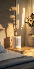 Fototapeta premium A cylindrical speaker sits on a bedside table next to a plant, with soft shadows on the wall. Cozy and minimalist bedroom setting