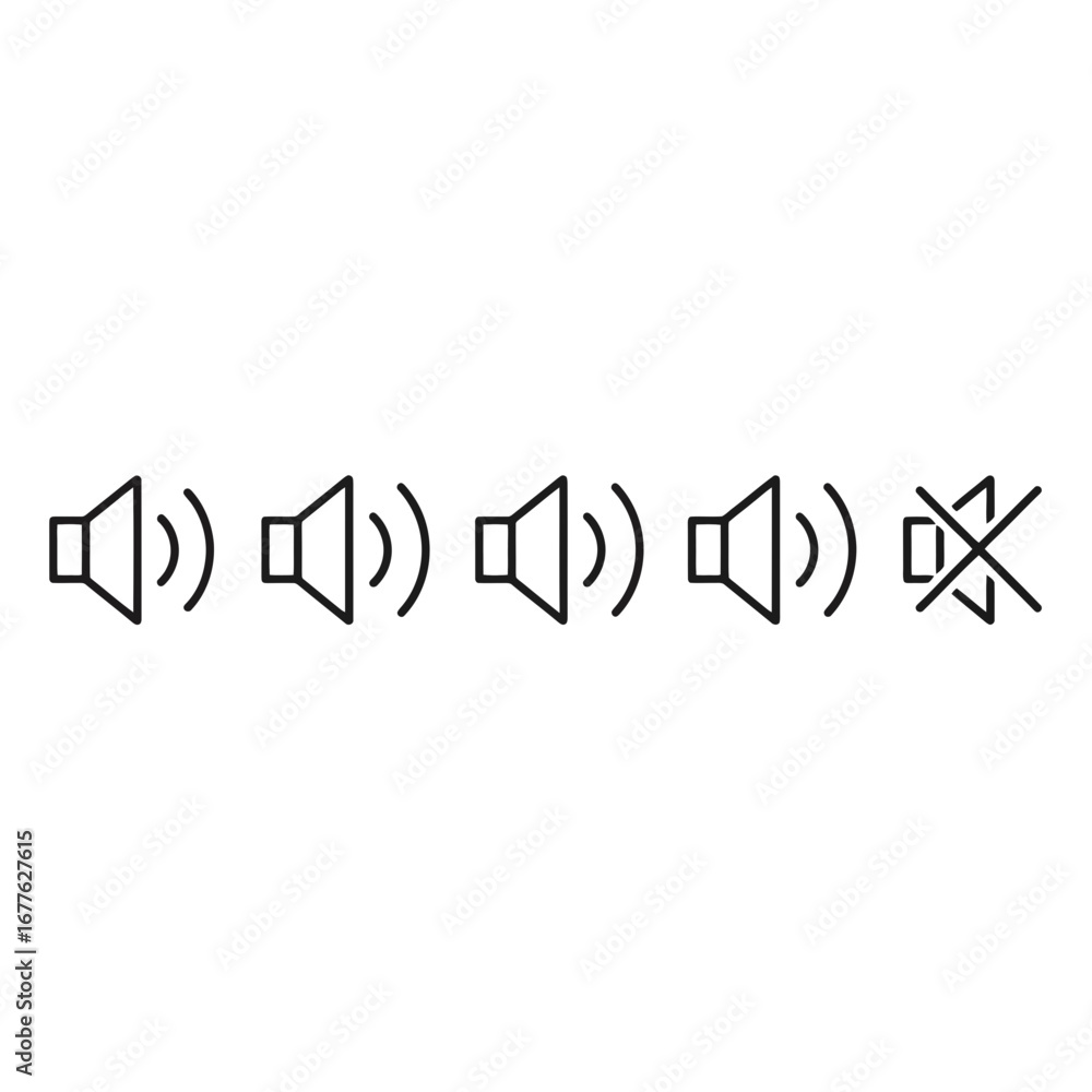 Fototapete sound volume level indicators in a linear progression, ranging from low to high volume and mute, use