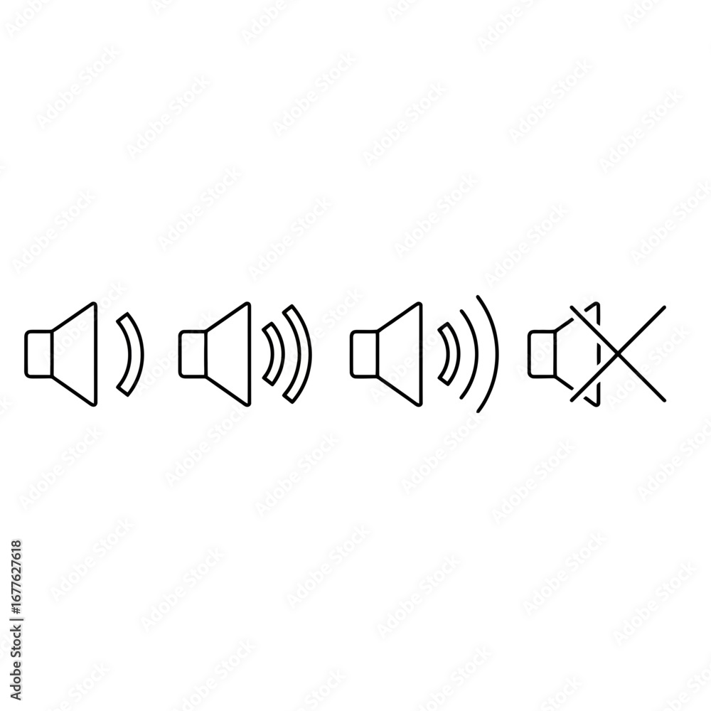Aufkleber volume control icons representing audio levels and mute function, useful for user interface design, 