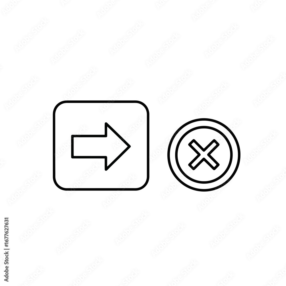 Poster simple black and white arrow and close icons for web design, user interface elements, and instructio