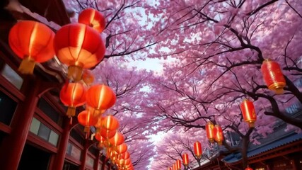 Red lantern cherry blossom festival decorations showcasing traditional Asian culture with bright lights and colorful ornamental designs in celebration of spring. 4k video