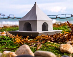 Gray birdhouse on the beach