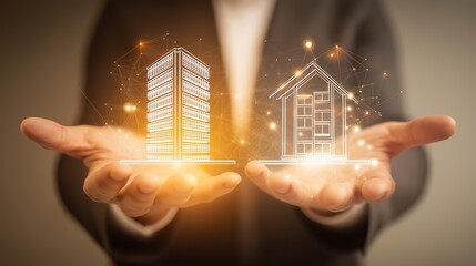 Faceless Professional Hands Synchronizing Glowing Icons of Office Building and Home with Flowing Data, Dual-Tone Background, Flexible Work and Remote Collaboration Concept