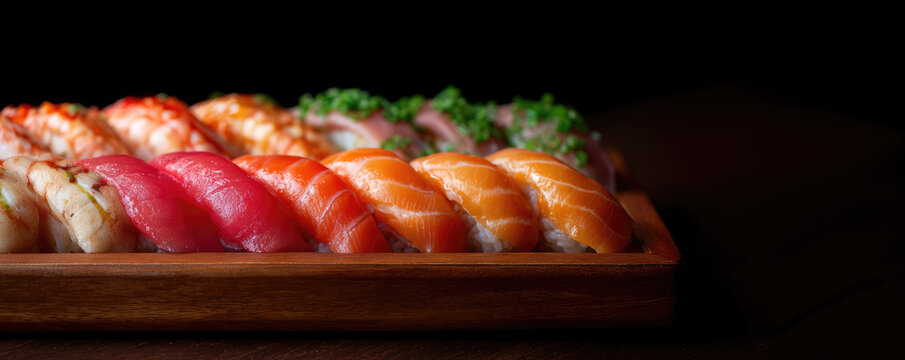 A wooden tray displays assorted sushi pieces arranged neatly in rows. Vibrant sushi assortment highlights freshness and color