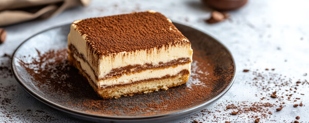A slice of layered dessert dusted with cocoa is on a plate with scattered cocoa around. Sweet treat, indulgence, dessert, delicious, tempting, gourmet