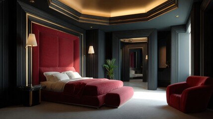 Luxurious bedroom with a large red velvet bed in the center. the bed has a tufted headboard and is covered with white linens and pillows.