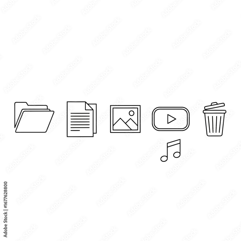 Fototapete minimalist icon set representing file management and multimedia content, suitable for website design
