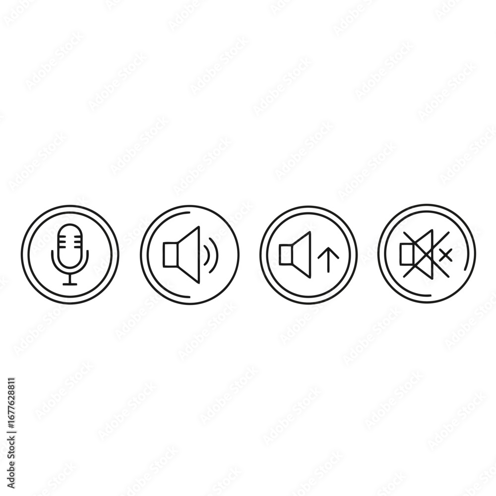 Aufkleber minimalist audio control icons featuring microphone, volume levels, and mute options. ideal for inte