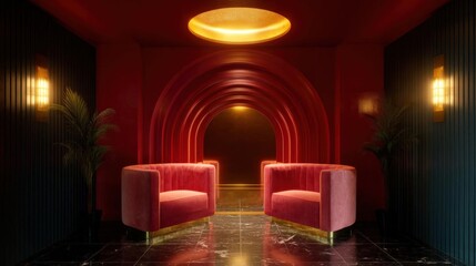 Modern and luxurious interior of a room with a red and black color scheme. the walls are painted in a deep red color and the floor is made of black marble.