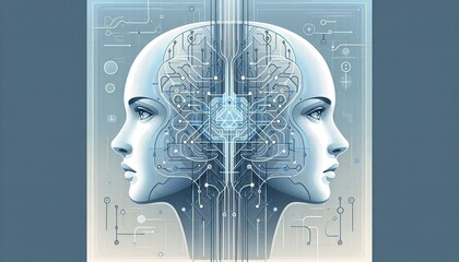 Intricate circuit board forming two mirrored human heads, symbolizing the duality and interconnectedness of AI