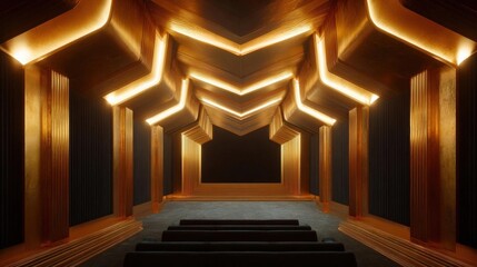 Empty auditorium with a high ceiling that is decorated with a geometric pattern.