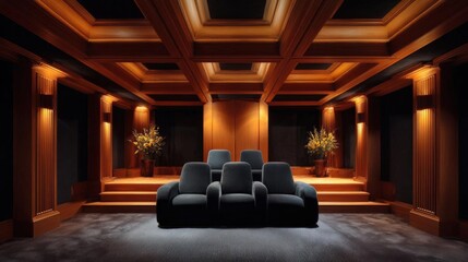 Modern and luxurious home theater with a high ceiling and wooden paneling. the walls are painted in a dark color and the floor is covered with a gray carpet.
