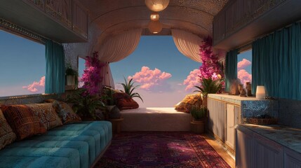 Luxurious living room with a beautiful view of the sky. the room has a high ceiling with intricate carvings and a chandelier hanging from it.