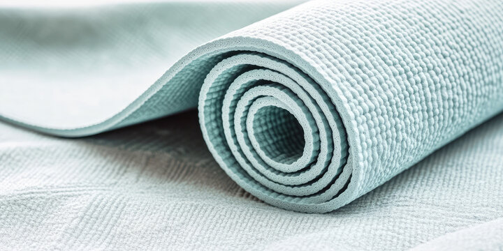 A rolled-up yoga mat is placed on a flat surface with its texture visible. Exercise, fitness, relaxation, equipment