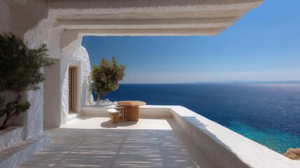 Beautiful view of the ocean from a balcony. the balcony is made of white stucco and has a wooden table and two chairs on it.