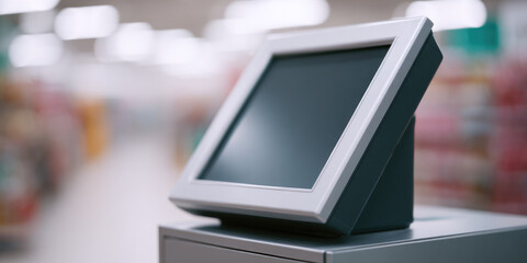 A touchscreen kiosk is situated in a retail environment, slightly tilted for user interaction. Technology in retail setting