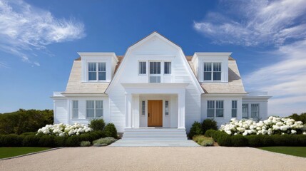 The image is of a beautiful two-story white house with a large front entrance. the house has a sloping roof with white shingles and large windows on both sides.