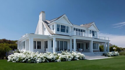 Large, two-story white house with a sloping roof and a chimney on the left side. the house has multiple windows and a large porch with a railing on the right side.