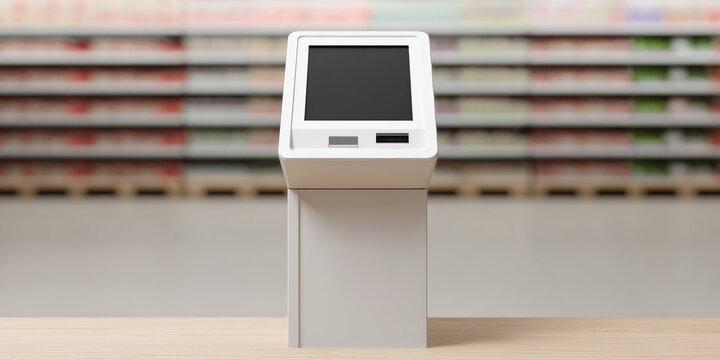 A touchscreen kiosk is positioned in a retail environment with shelves in the background. Digital information and self-service in shopping