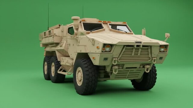 Military MRAP Vehicle on Green Screen - A beige military Mine-Resistant Ambush Protected (MRAP) vehicle is shown in a front view against a green screen background.