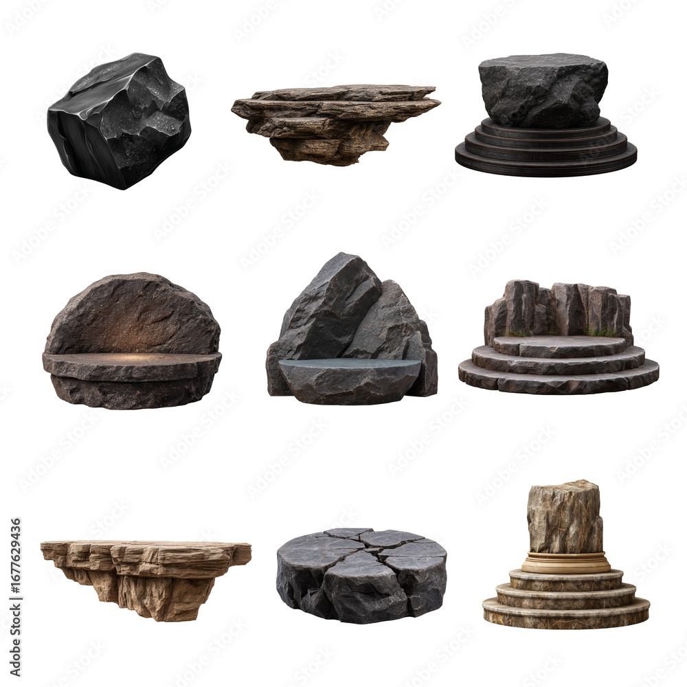 Poster a collection of diverse stone textures and shapes for creative design projects. rock isolated on whi