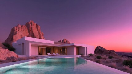 Modern, minimalist house with a large swimming pool in the foreground. the house is white and has a modern design with a flat roof and large windows on the second floor.
