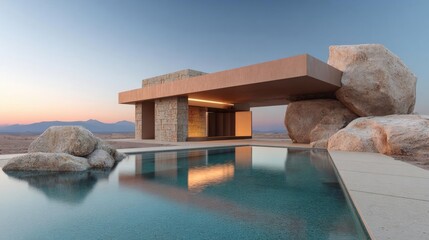 Modern, minimalist house with a unique architectural design. the house is located in a desert-like landscape with large rocks and boulders surrounding it.