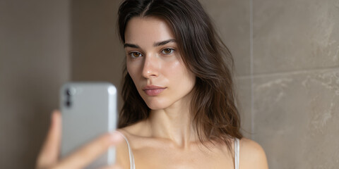 Obraz premium Woman taking a selfie with a smartphone, looking at the camera indoors. Concept: self-portrait, modern lifestyle, digital communication