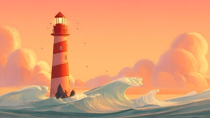 A solitary lighthouse stands tall against a backdrop of soft, warm sunset colors, with waves gently crashing around its base.