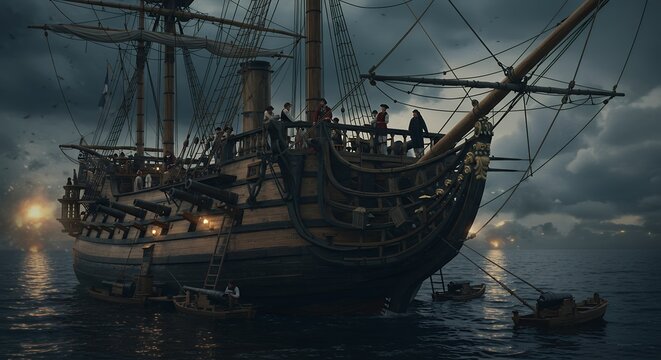 Dark stormy seascape of historical sailing vessel