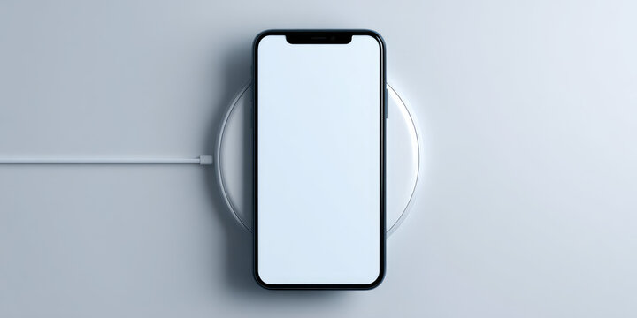 Smartphone resting on a wireless charging pad connected with a cable. Modern technology and wireless power