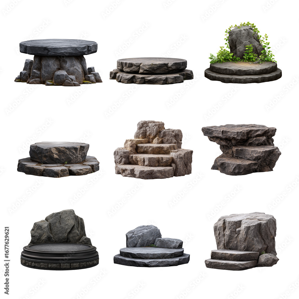 Poster various stone platforms with unique textures and shapes, ideal for design projects. rock isolated on