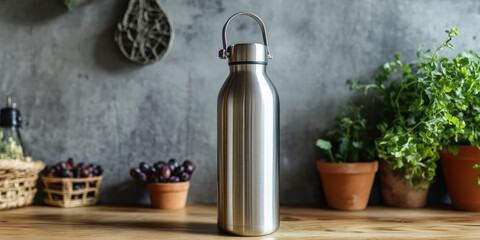 Stainless steel water bottle with a handle sits on a wooden countertop surrounded by pots of greenery and fruit. Eco-friendly kitchen accessory