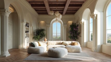 Luxurious living room with a high ceiling and arched windows. the room has a large sectional sofa with beige cushions and a round ottoman in the center.