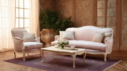 Luxurious living room with a pink sofa and two armchairs. the sofa is upholstered in a soft pink fabric and has several throw pillows on it.