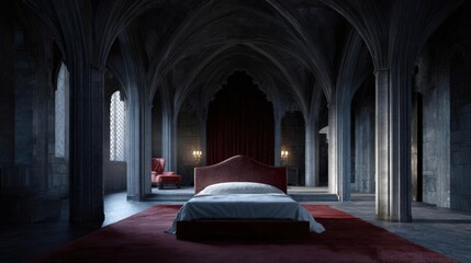 Luxurious bedroom with a large bed in the center. the bed has a red velvet headboard and white linens. the room has a high ceiling with arches and columns, and the walls are made of stone.