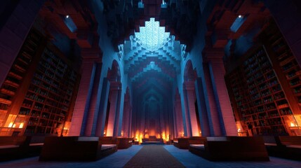 3d rendering of a large room with a high ceiling and arches. the room is filled with rows of bookshelves on both sides, each filled with books of different sizes and colors.