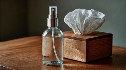 Glass Spray Bottle and Tissue Box on Wooden Table