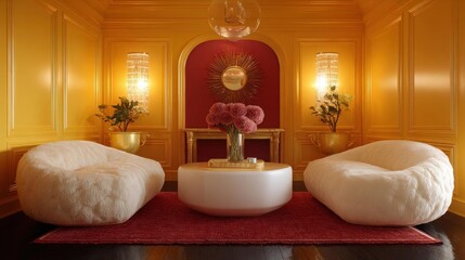 Luxurious living room with a high ceiling and wooden paneling on the walls. the walls are painted in a warm yellow color and there is a large mirror hanging above the fireplace.