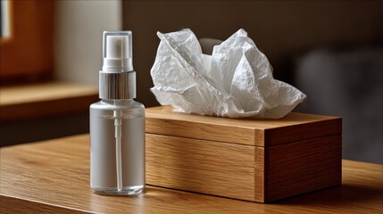 Wooden Box with Tissues and Spray Bottle on Table