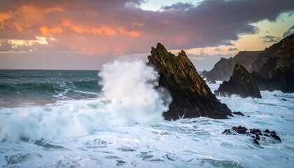Dramatic waves crashing on rocks at sunset