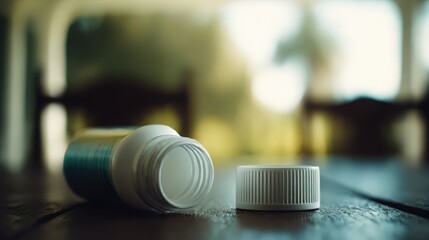Open Medicine Bottle on Wooden Table