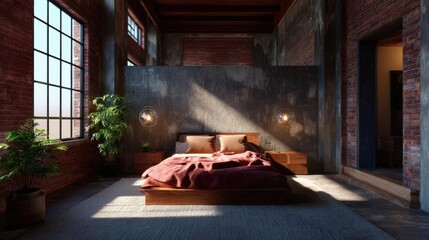 Modern and industrial-looking bedroom with a large window on the left side of the room. the room has a high ceiling with exposed brick walls and a concrete wall on the right side.
